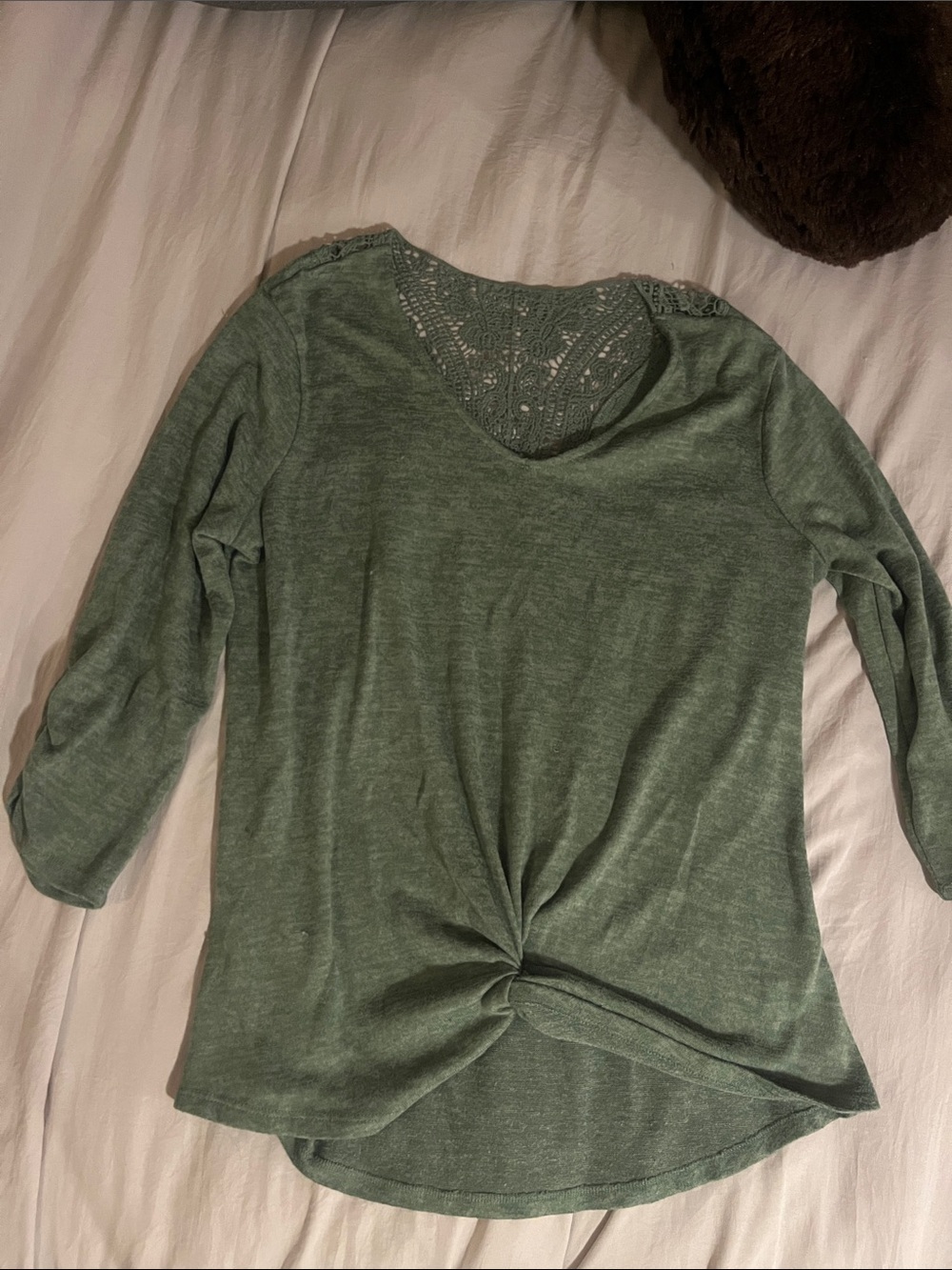 Women's Green Knot-Front Long Sleeve Top with Lace Yoke